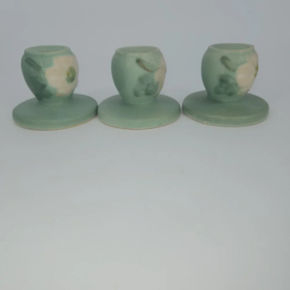 Weller Pottery Wild Rose Green Candle Holders Set of 3 1930s USA Vintage Cottage